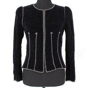 CHANEL 2006 Black Velvet Zip Jacket Pewter Metal Chain Link Trim Bows XS Small